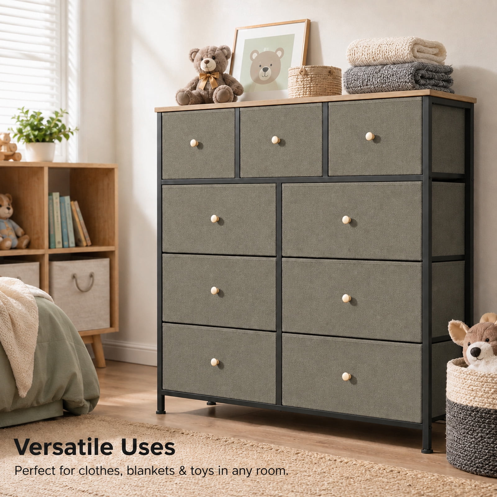 Alvantor 8/9 Drawer Fabric Dresser, Storage Tower for Bedroom and Closet, Chest of Drawers with Sturdy Steel Frame & Wooden Top for Living Room, Entryway