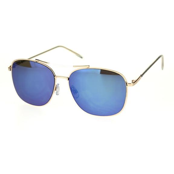 Womens Rectangular Boyfriend Style Officer Racer Metal Rim Sunglasses Gold Blue Mirror