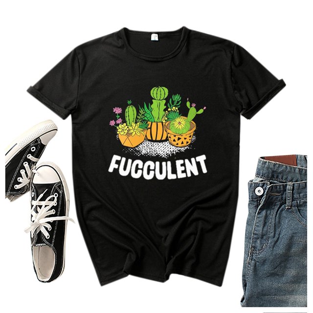 Pompotops T-Shirt Mode Femme Imprimé Cactus Col Rond Manches Courtes Blouse