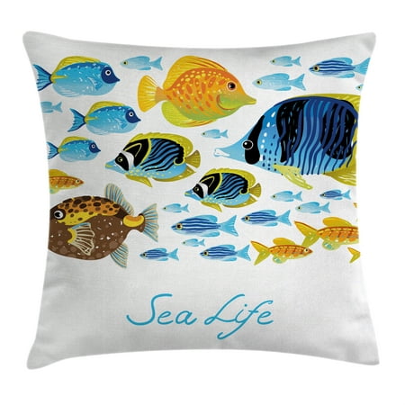 Ocean Animal Decor Throw Pillow Cushion Cover, Vivid Underwater Life with Freshwater Tropical ...