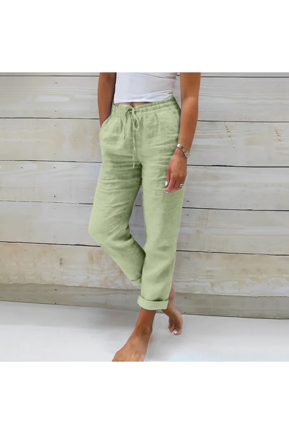 Women's Plus Size Solid Color Cotton Linen Straight Leg Ankle Pants, Loose Fit Casual Trousers for Summer Daily Wear, Breathable and Relaxed Mint Green XXXXL