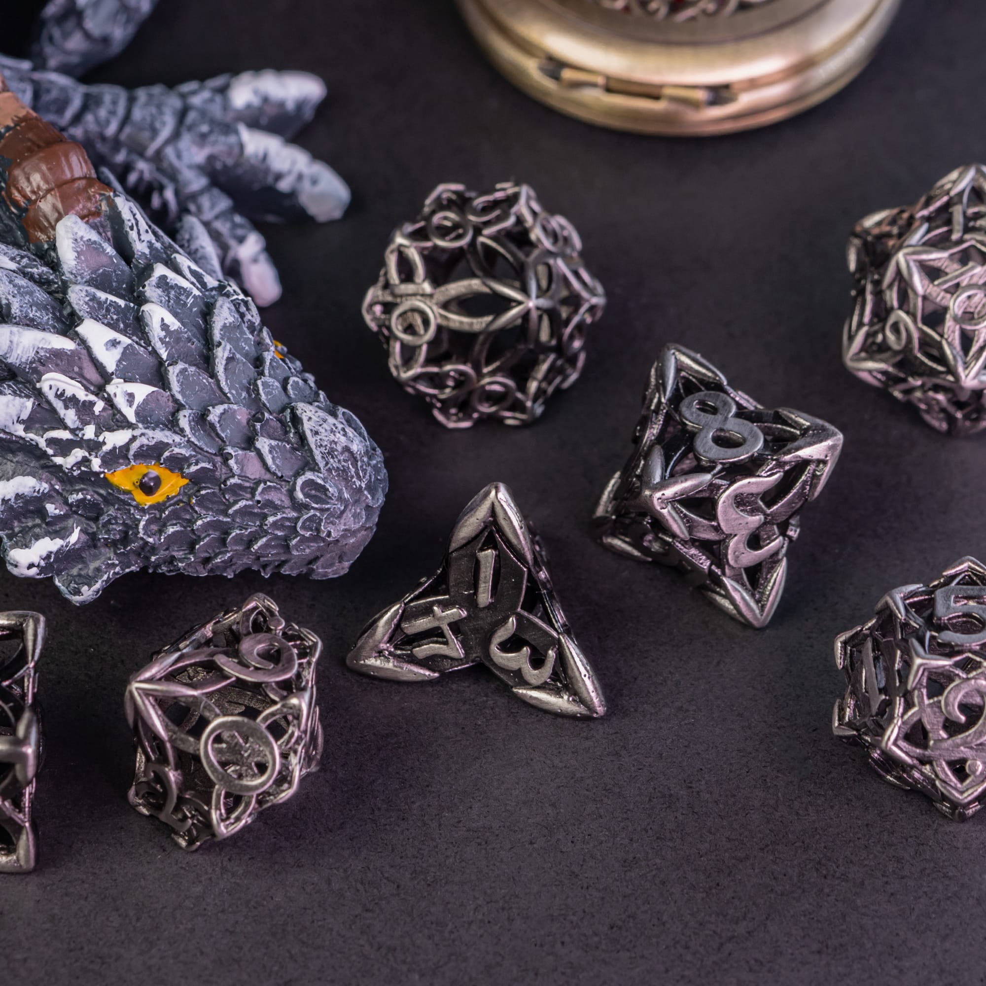 Cusdie Hollow Metal Dice, Celtic Knot D&D Dice, 7 Pcs Metal Dice Set, Polyhedral Dice Set, for Role Playing Game MTG Pathfinder
