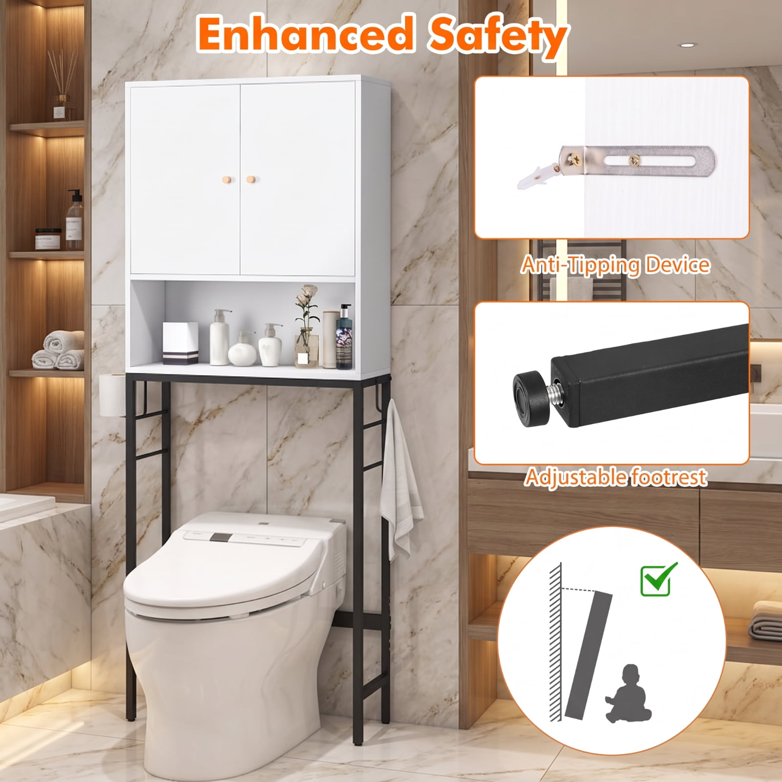 Vebreda Over the Toilet Storage Cabinet with 2 Doors and 1 Adjustable Shelf for Bathroom Space Saving Organization, White