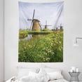 thumbnail image 1 of Windmill Tapestry, Country Landscape The Netherlands Spring Blooming Parsley, Wall Hanging for Bedroom Living Room Dorm Decor, 60W X 80L Inches, Green Pale Coffee znd Pale Blue, by Ambesonne, 1 of 2
