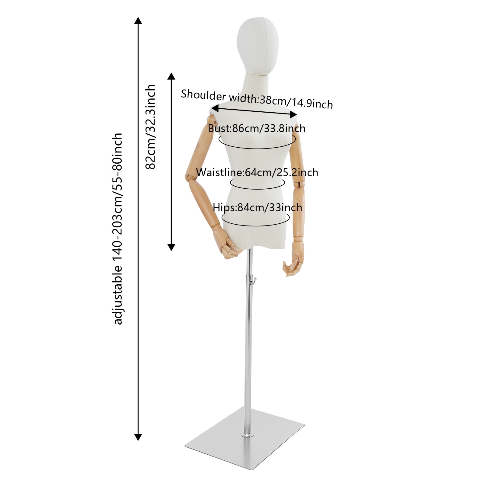 Female Mannequin, Female Dress Form Display, Adjustable Height（White + Wood Color + Silver）