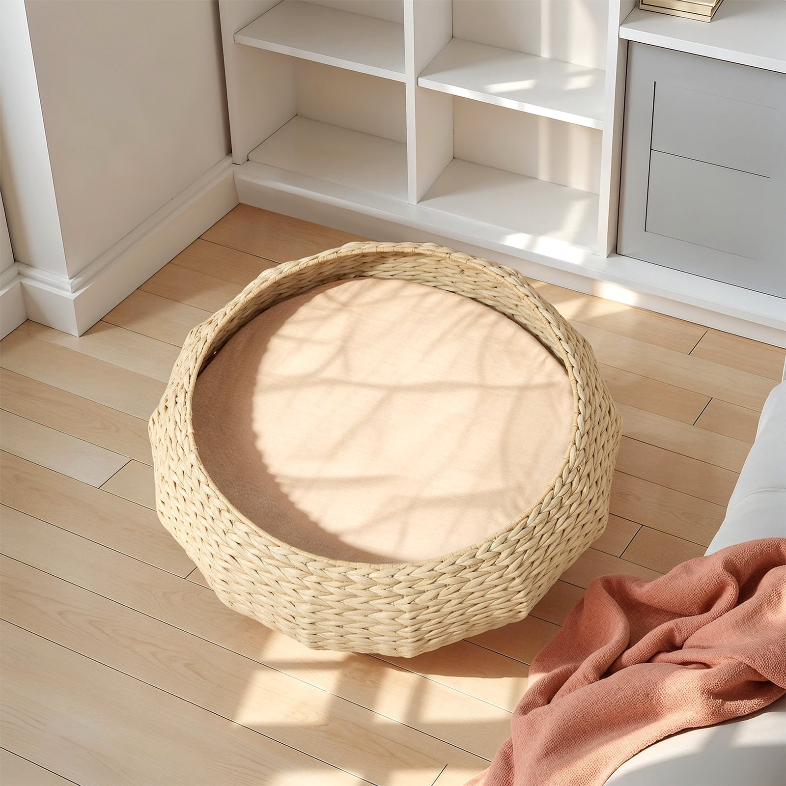 Happy & Polly Sleeping in The Bowl Handwoven Rattan Wood Cat Bed