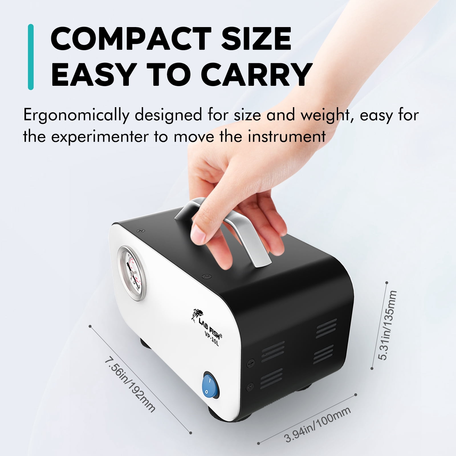 LAB FISH Oil-Free Diaphragm Vacuum Pump, 10L/min 0.075Mpa, Portable Laboratory Vacuum Filtration Pump with Rubber Hose, 110V, Maintenance-Free