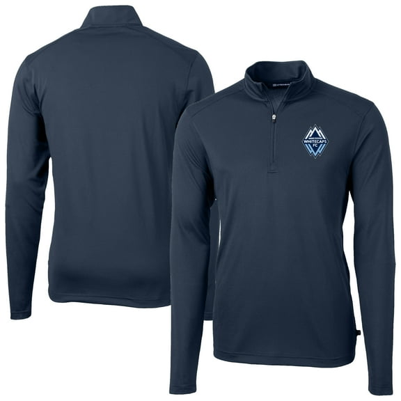 Men's-Cutter & Buck  Navy Vancouver Whitecaps FC Virtue Eco Pique Recycled Quarter-Zip Pullover Top