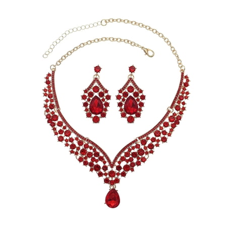 AYYUFE 1 Set Necklace Earrings Set Rhinestone Necklace Earrings Prom Wedding Party Bride Symmetric Dangle Earrings Formal Occasions Neck Jewelry Set Red