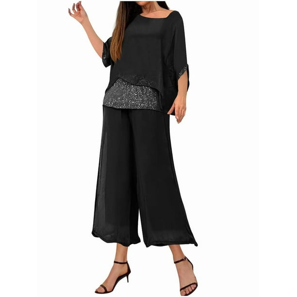 Conjunto de 2 Piezas para Mujer, Top Brillante, Pantalones Anchos, Traje Informal de Cuello Redondo con Lentejuelas. Negro XXXL