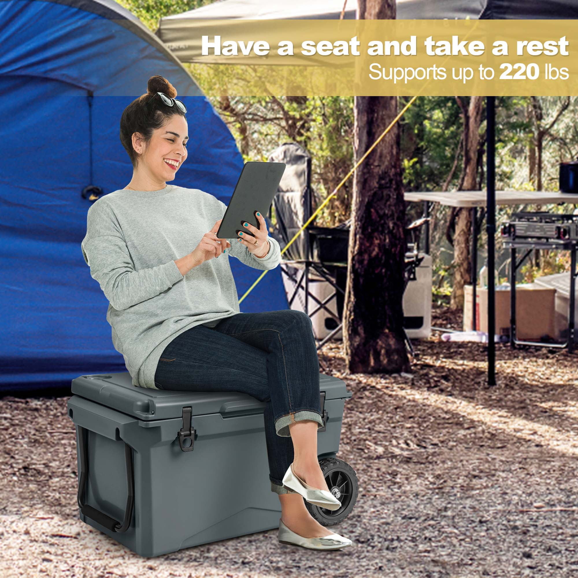 Costway 75 Qt Portable Cooler Roto Molded Ice Chest Insulated 5-7 Days with wheels Handle Charcoal