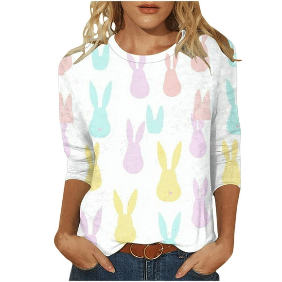 lcziwo Womens Easter Shirts Spring 3/4 Sleeve Crewneck Eggs Pattern Tee Blouses Cute Rabbit Graphic Holiday Tunic Tops,White,M