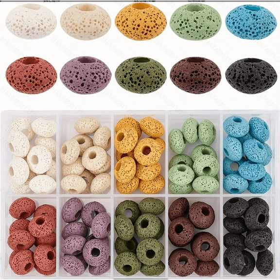 100 Natural Beads Multicolor Flat Round Large Hole Beads Lava Rock Loose Beads Volcanic Gemstones Suitable for Jewelry Making
