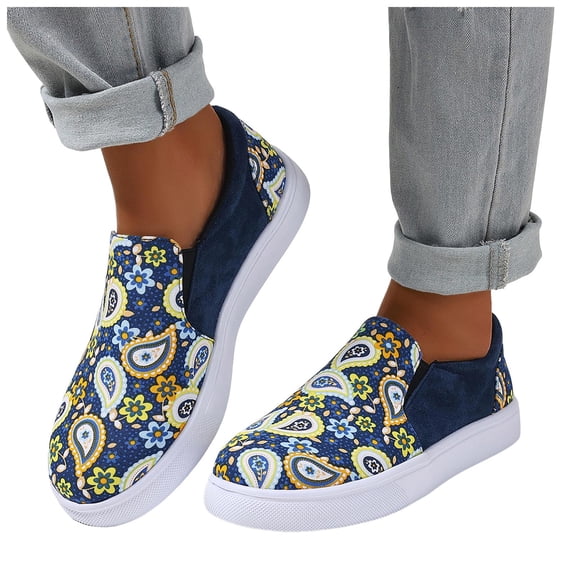 Ethnic Boho Canvas Walking Flats Shoes for Women Beach Casual Slip on Loafers Platform Fashion Sneakers