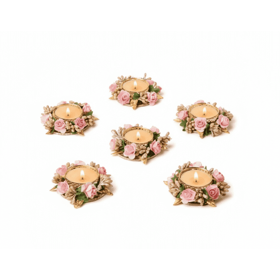 IndianStore01 4-inch Metal and Fabric Floral Tealight Candle Holders for Home Decor, Set of 6