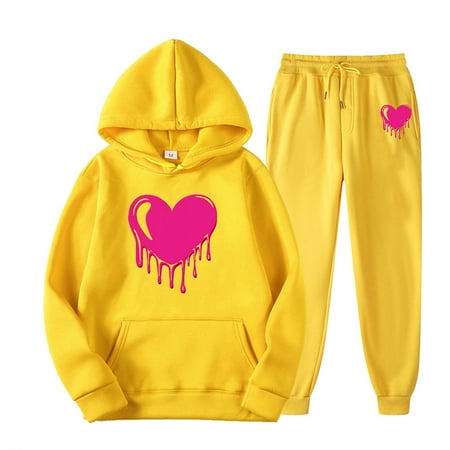 Brnmxoke Sweatsuits for Women 2 Piece Jogger Set Valentines Day Workout Tracksuit Long Sleeve Hooded Sweatshirt and Sweatpants Yellow XXL