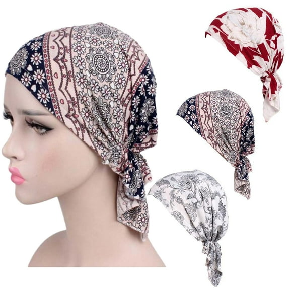 Pre Tied Chemo Head Scarf Pack of 3, Beanie Skull Cover Cap for Women