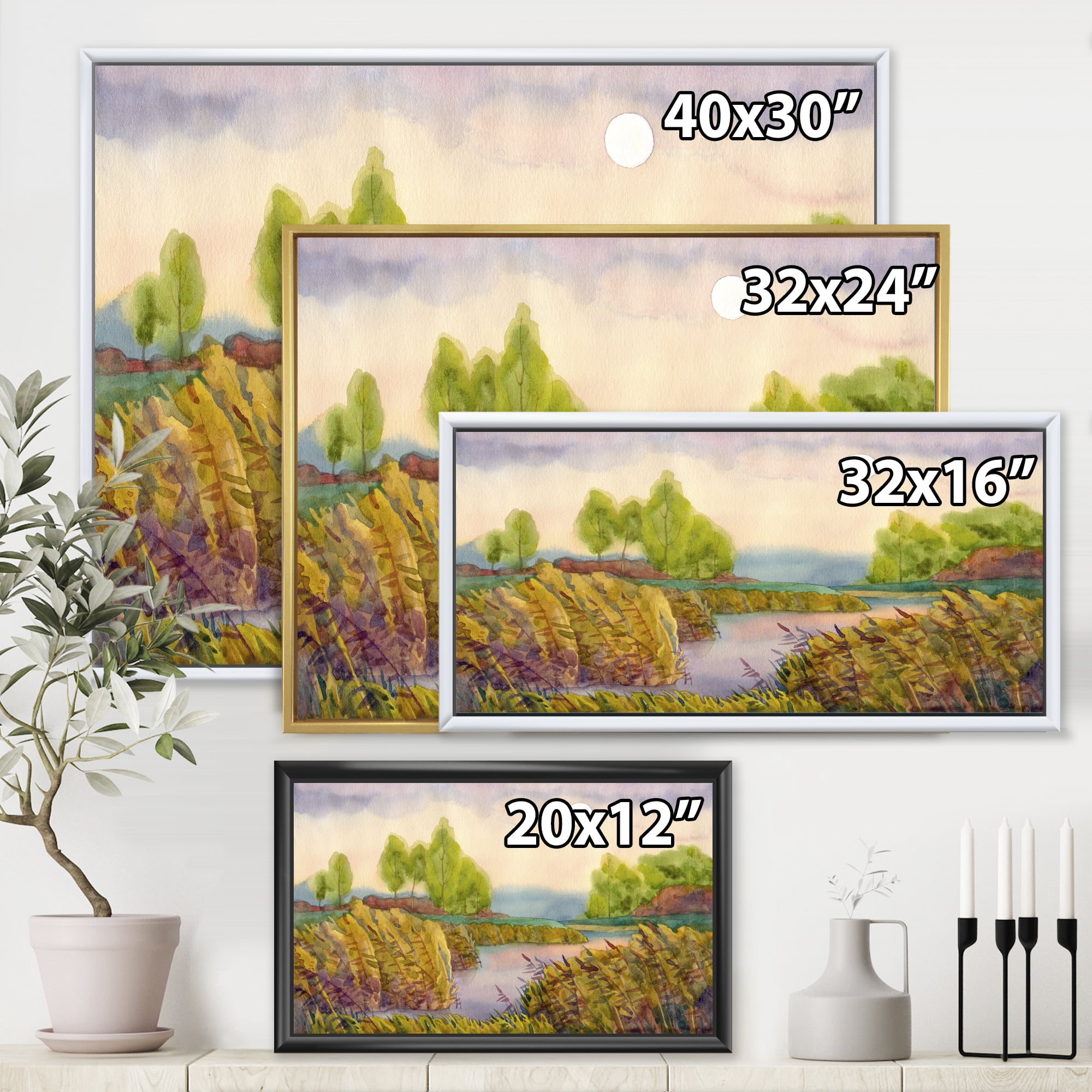 Designart 'Lake In The Reeds With Full Moon' Nautical & Coastal Framed Canvas Wall Art Print