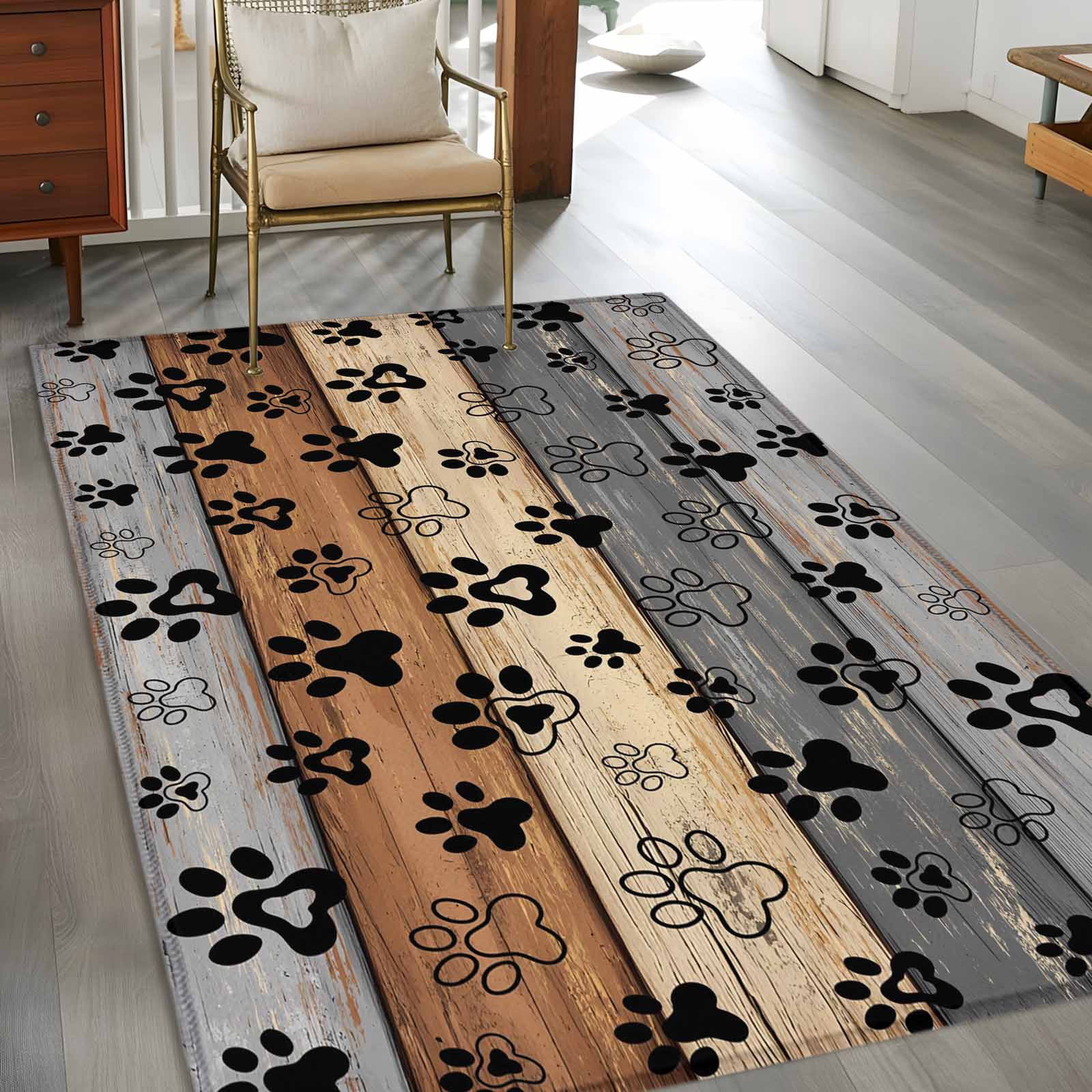 Area Rug for Living Room, Haze Blue Brown Non-Slip Indoor Large Carpet for Bedroom/Dining Room, Rustic Farmhouse Dog Paw Vintage Washable Low-Profile Rectangle Floor Mat Runner Rugs - 3 x 5 Ft