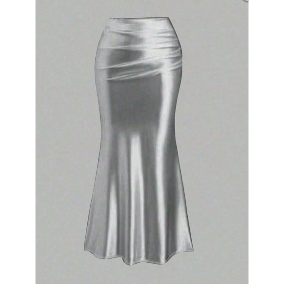 Silver Satin Mermaid Skirt, Bodycon Fit With Draped Waist