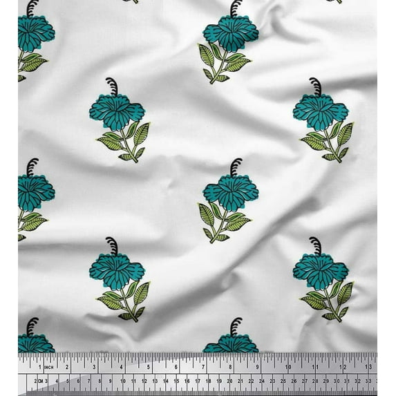 Soimoi Cotton Voile Fabric Leaves & Floral Block Print Fabric by Yard 42 Inch Wide