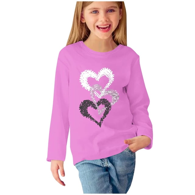 MeetoTime Hauts à Manches Longues pour Filles Col Rond Imprimé Saint-Valentin Tunique Habillée Chandail sous-Vêtement pour Enfants