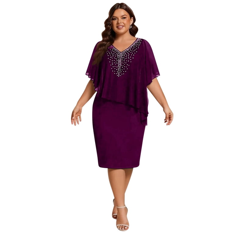 plus size bodycon dress cocktail and party Laqbezok Women's Chiffon Capelet Overlay Dress, Elegant V-Neck Gown, Rhinestone Embellished Evening Wedding Guest New Year’s Eve