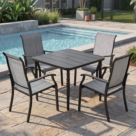 Nuu Garden 5-Piece Patio Dining Set with Umbrella Hole, Outdoor Dining Set with 4 Textilene Chairs and 1 Square Metal Table, All Weather Patio Furniture Set for Backyard, Garden, Gray and Black