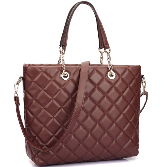 Women's Faux Leather Quilted Tote Bag with Chained Handles Trendy Top-Handle Shoulder Handbags with Adjustable Strap