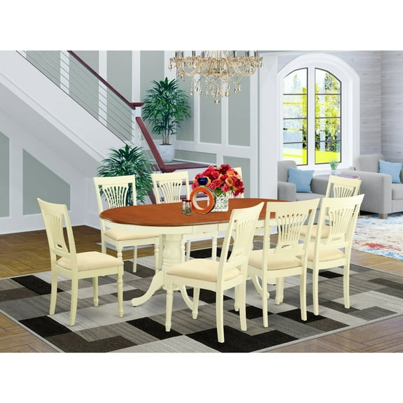 East West Furniture Plainville 9-piece Dining Set with Linen Seat in Cherry