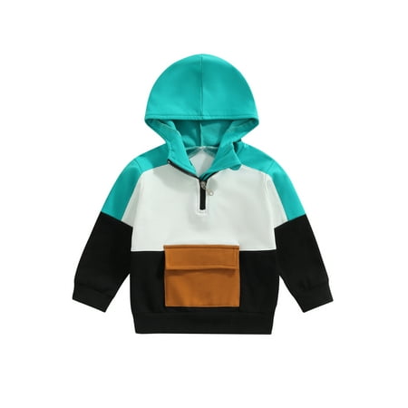 

Kids Little Boys Hoodie Long Sleeve Contrast Color Pullover Tops Fall Casual Sweatshirt with Pocket Blue Black 4-5 Years