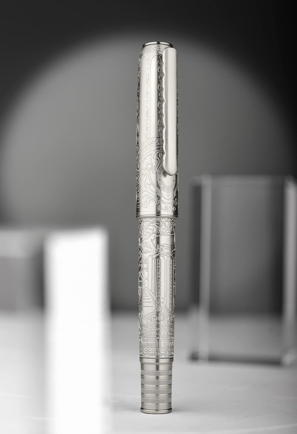 Hongdian 100 Piston Fountain Pen Silver Steel, Iridium Medium Nib Calligraphy Pen, Smooth Writing with Case Set