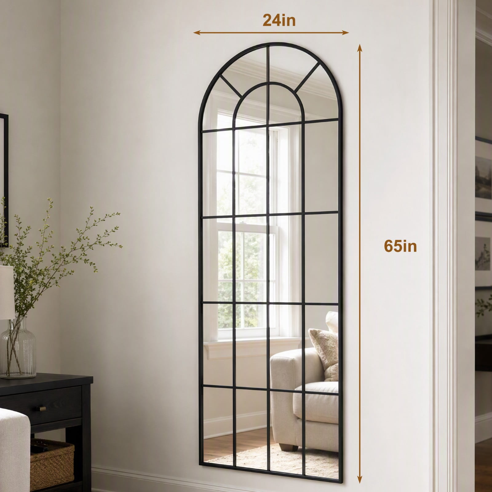 SHATTERVIEW 65"x24" Arched Full Length Mirror with Windowpane Wall-Mounted Leaning Mirror, Black