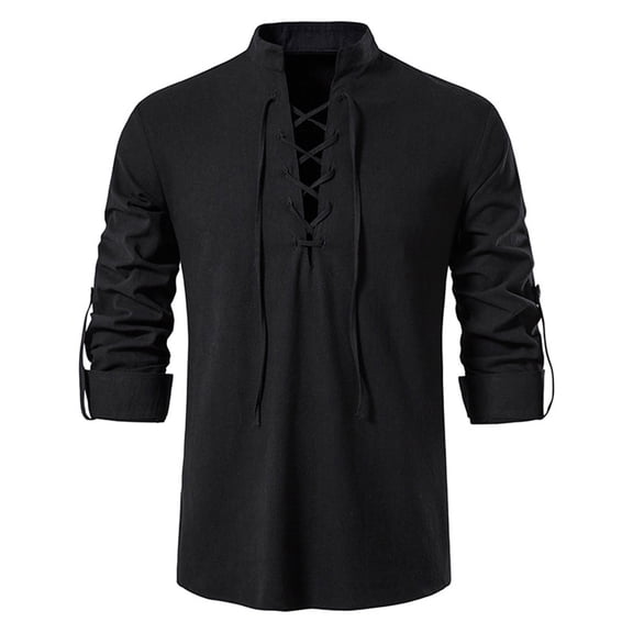 XIAONU Men's Solid Color Medieval Shirts Relaxed Fit Lace Up Neck Tunic Top Breathable Vintage Style Renaissance Shirt