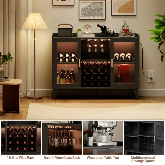 Farmhouse Wine Bar Cabinet with Led Lights, Home Coffee Bar Cabinet with Wine Racks and Glass Holders, Shelves & Microwave Stand for Living Room, Dining Room，Black