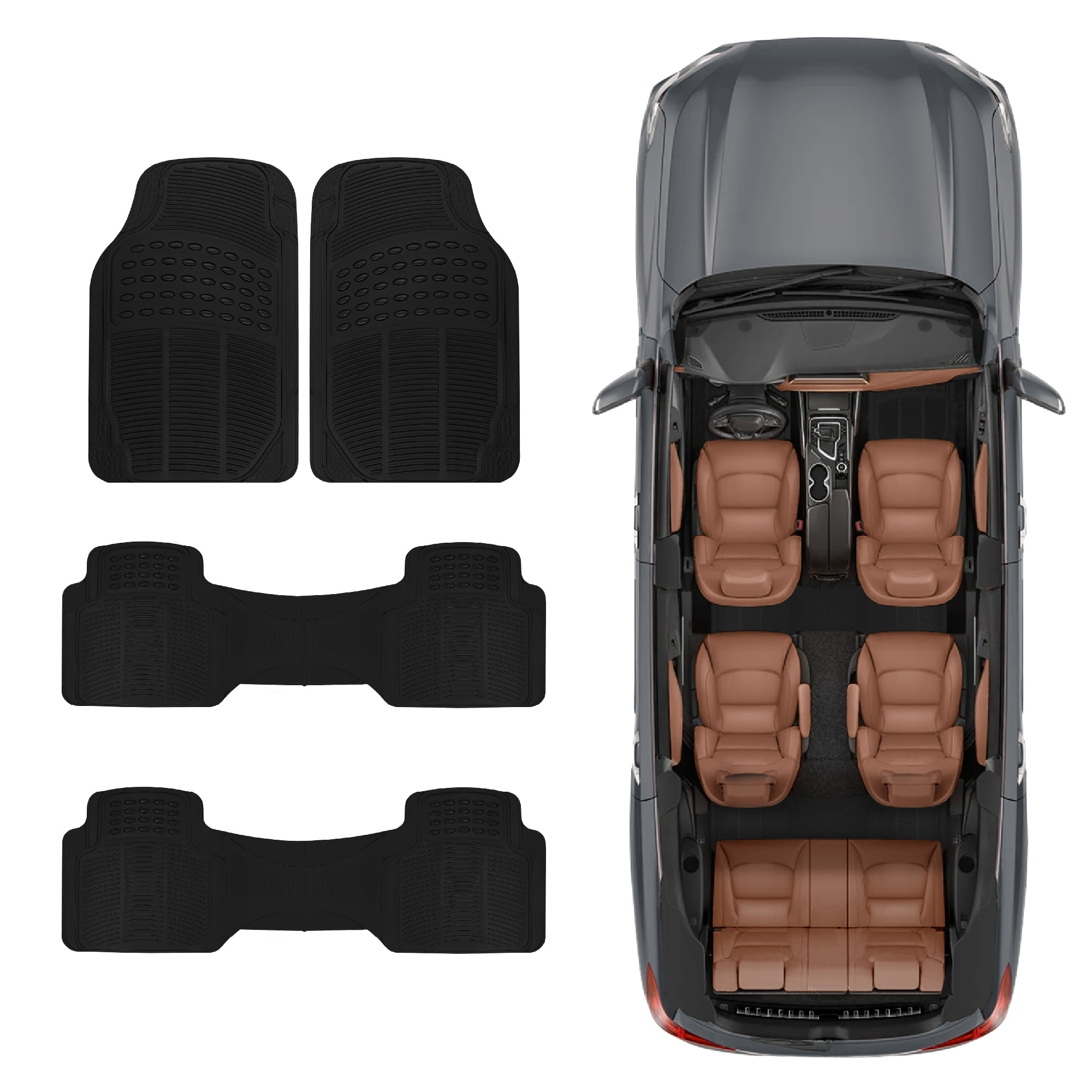 BDK All Weather Rubber Floor Mats for Cars - Fit 3 Rows Full Set, Heavy Duty Car Mats - Fit Well, Easy to Install & Clean No Slip Design - Universal SUV, Van, & Car Accessories (Black)