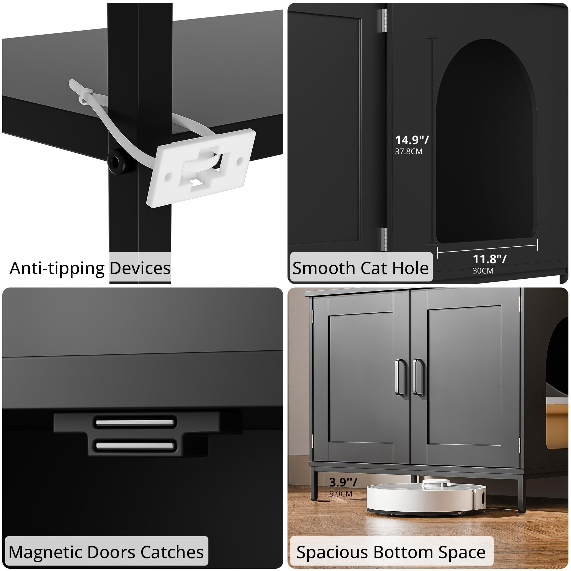 Cozy Castle Cat Litter Box Enclosure - 57'' Wooden Furniture with Large Cabinet, Shelves & 4 S-Hooks, Hidden Pet Washroom Indoor, Black