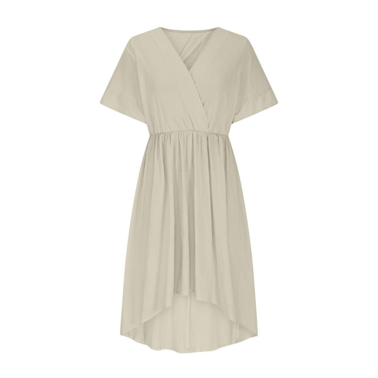 Ecqkame 2025 Summer Women's Long Dress Fashion Casual Solid Color Vacation  Dress Loose Flowy Trendy Large Hem Short Sleeve V Neck Dresses with Pockets  02-Beige L - Walmart.com