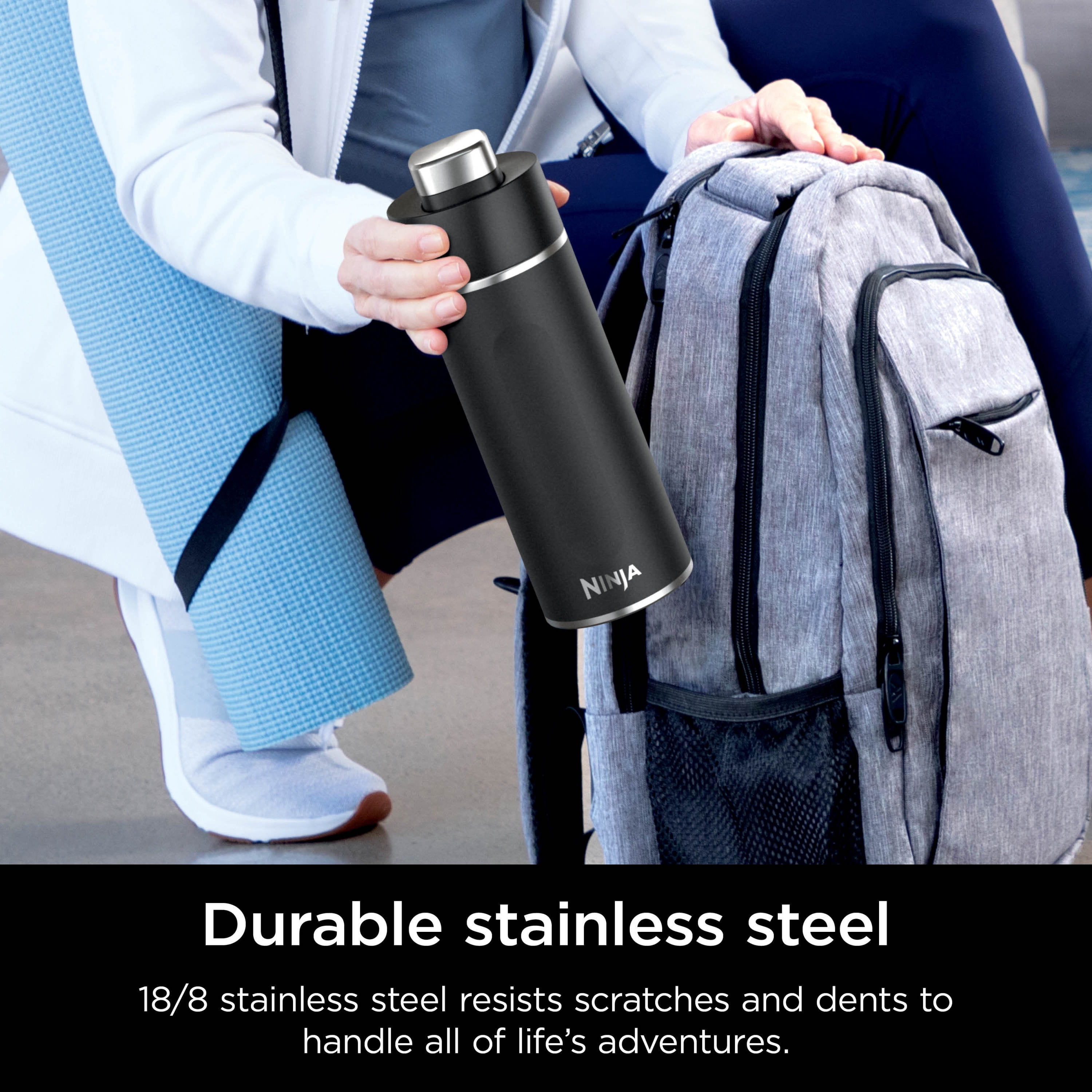 Ninja Thirsti 18 oz Travel Water Bottle, Stainless Steel, Leak Proof, 24 Hours Cold, Black