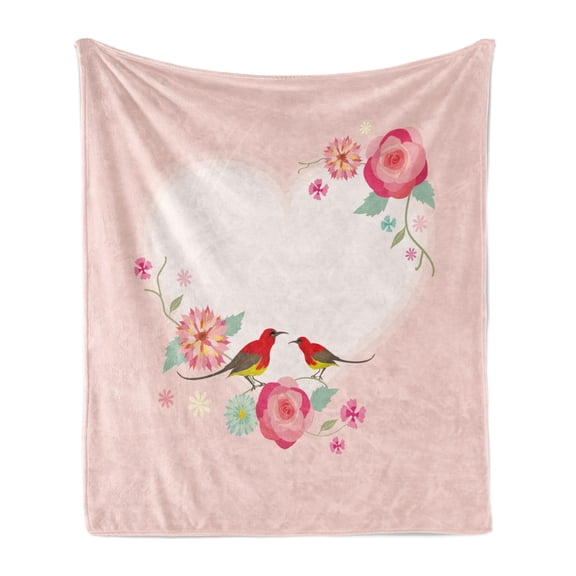 Flowers Soft Flannel Fleece Throw Blanket, Valentines Day Concept Pale Heart Shapes with Birds and Floral Ornaments, Cozy Plush for Indoor and Outdoor Use, 60" x 80", Blush Multicolor, by Ambesonne