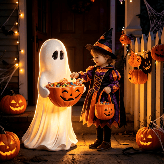 14 Inch Resin Halloween Ghost Figurine with Pumpkin Candy Bowl , Weatherproof Ghost Statue for Outdoor Decorative, Freestanding Trick or Treat Candy Holder for Front Porch Yard Patio Mantel Window
