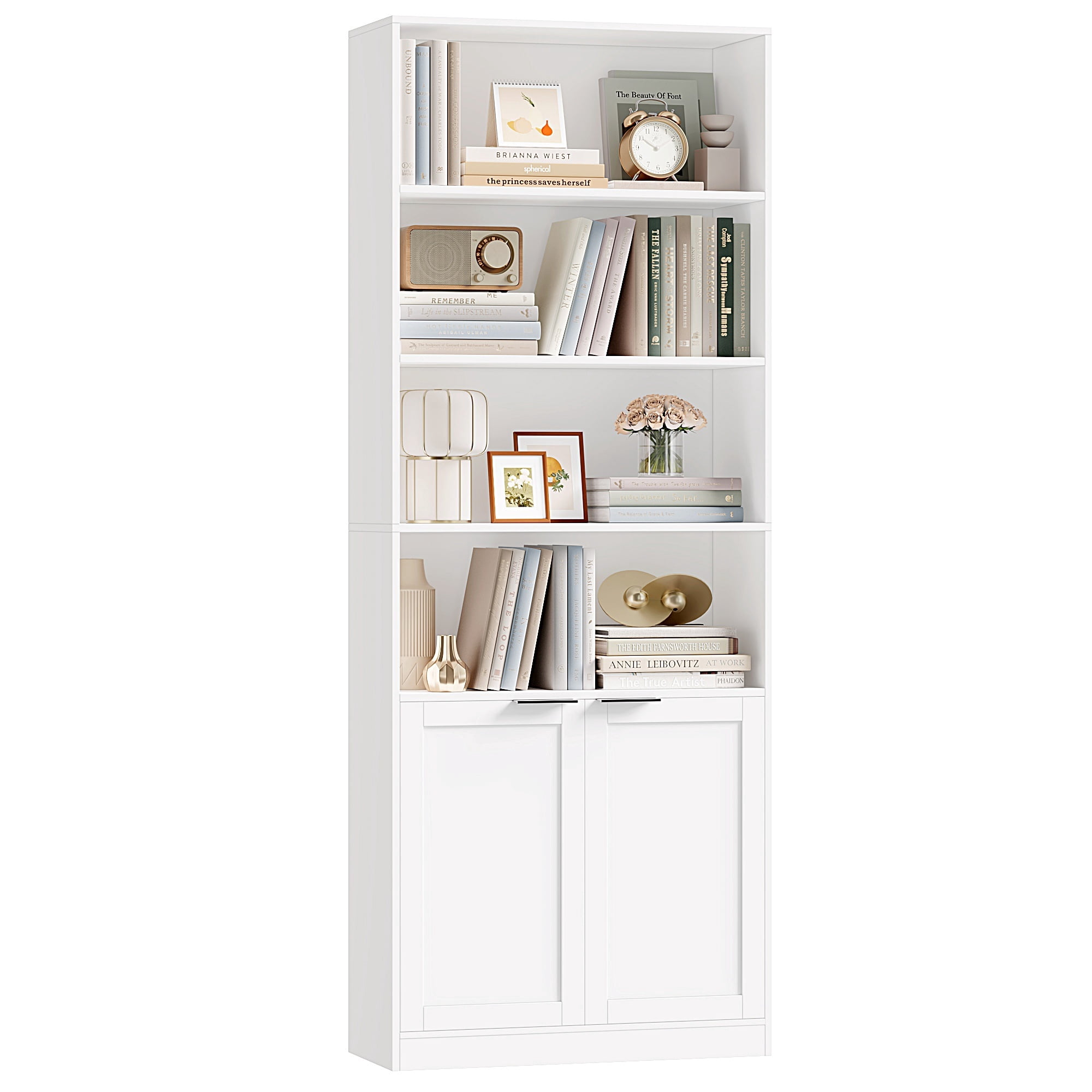 Hiphuta 73" Tall 6-Tier Bookcase with Cabinet, 26" Wide Minimalist Single Row Bookshelf with 2 Doors and 4 Open Shelves, for Office Living Room, White