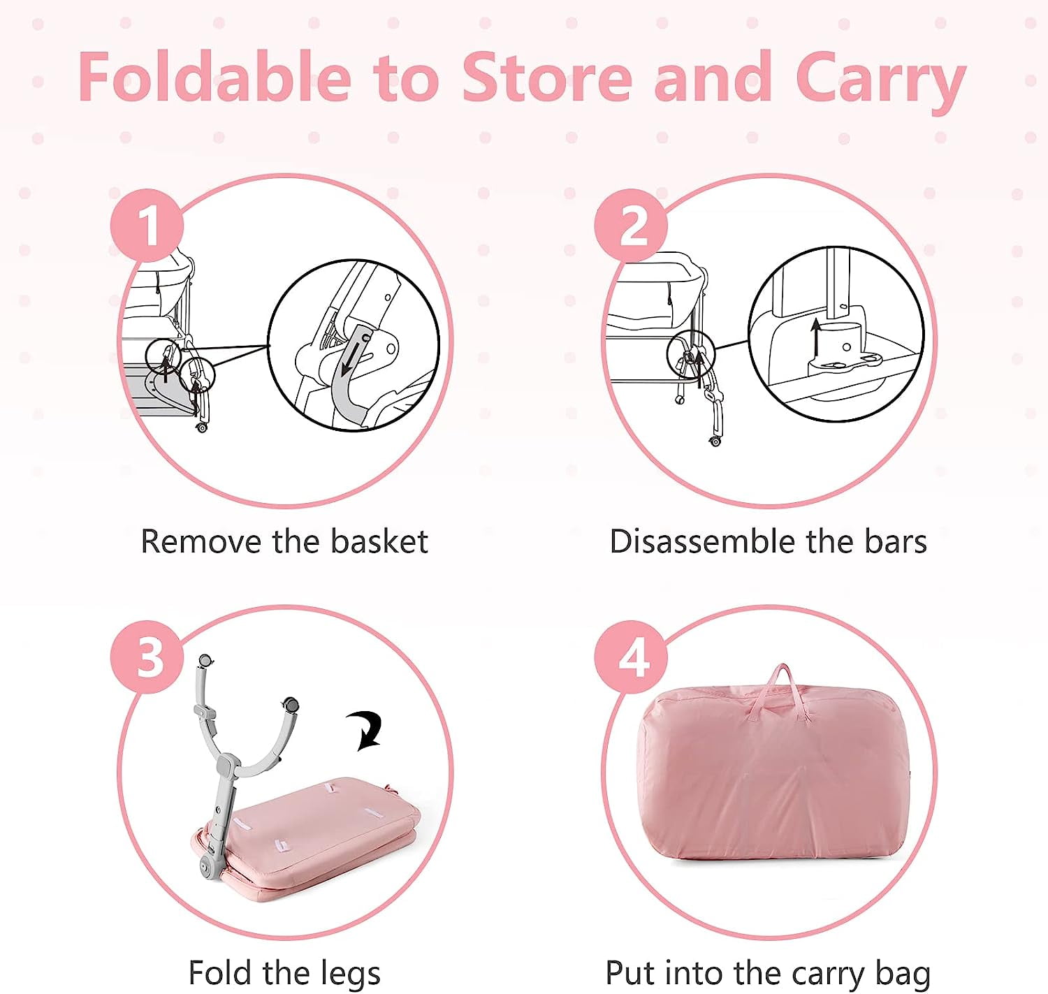 INFANS 3 in 1 Baby Bassinet, Folding Bedside Sleeper Crib with Mattress Pad, Height Angle Adjustable, Portable Rocking Cradle with Wheels Storage Basket Travel Bag for Infant Newborn (Pink)