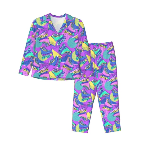 Balery Disco Roller Skates Conjunto de Pijama con Estampado para Mujer, Conjunto de Dos Piezas con Manga Larga, Ropa de Dormir Suave con Bolsillos, Pijamas Cómodos-Medium