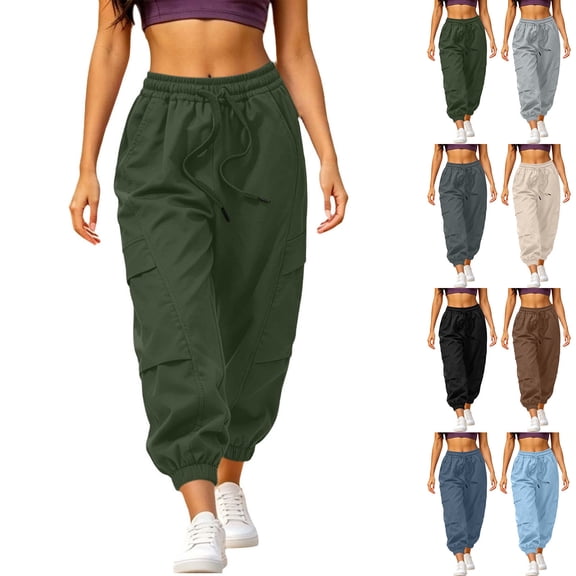 Cmtiyu Womens Cargo Pants Casual High Waist Drawstring Solid Jogger Pants Outdoor Athletic Trouser with Pockets S-2XL