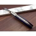 thumbnail image 6 of Damascus steel folding knife, 8.3" long knife with hand forged 4" blade, Blue Colored Bone & custom made engraved steel bolster scale, Cow Hide Lather sheath included, 6 of 8