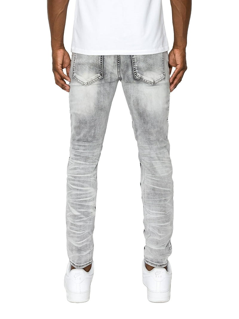 【KOOLOSET】Deep Brush Biker Wide Denim Victorious Men's Artisanal Crease Moto Biker Jeans - Grey