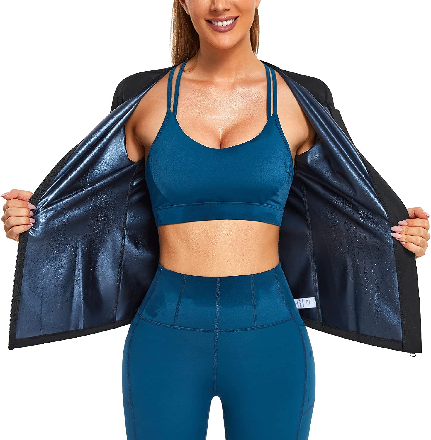 Junlan Sauna Suit for Women Waist Trainer Vest Heat Trapping Zipper Shirt  for Workout Sports(Blue Medium) 