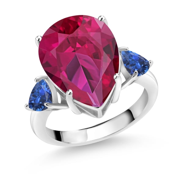 Gem Stone King 10.70 Cttw Red Created Ruby and Blue Created Sapphire 3-Stone Ring for Women | 925 Sterling Silver | Gemstone July Birthstone | Pear Shape 16X12MM | Size 5, 6, 7, 8, 9 | Size 8