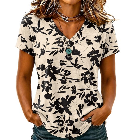 Sewkxo Womens Summer Tops Short Sleeve Basic Casual V Neck T Shirts Trendy Fashion 2026 Top,White L